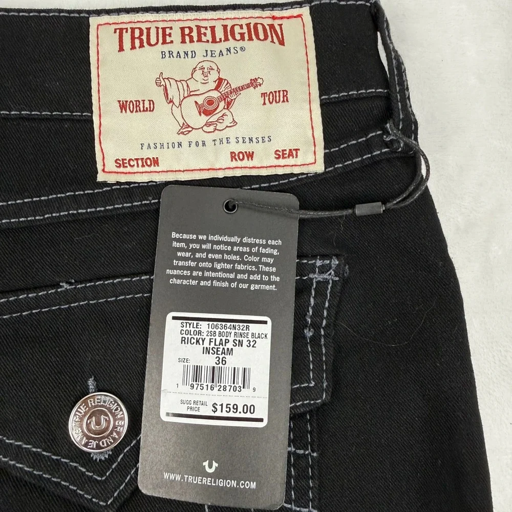 True Religion Ricky Flap SN Body Rinse Black Jeans Mens 36x32 Straight Leg NEW